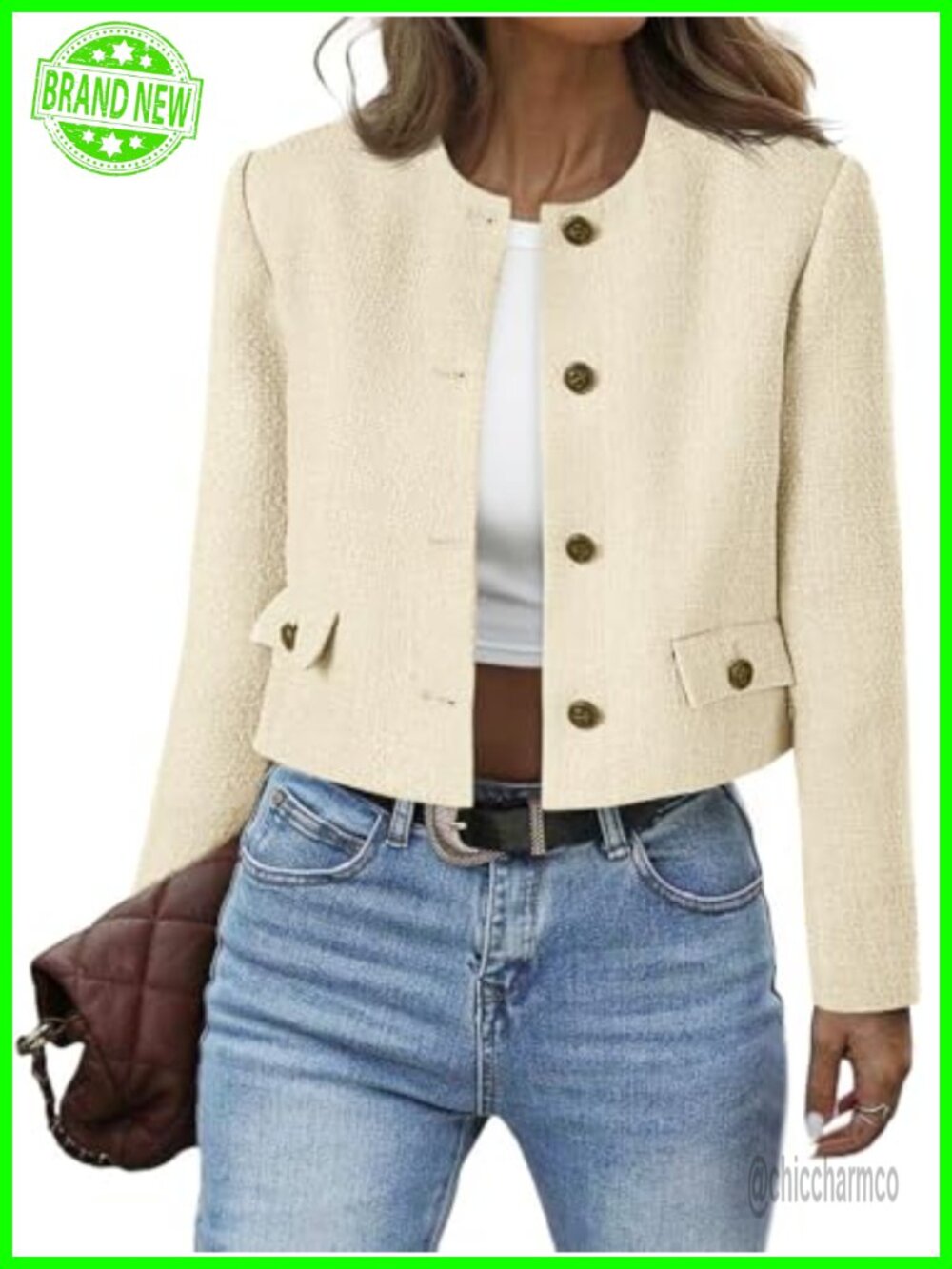 Cropped Tweed Blazer Collarless Button Down Bomber Jacket